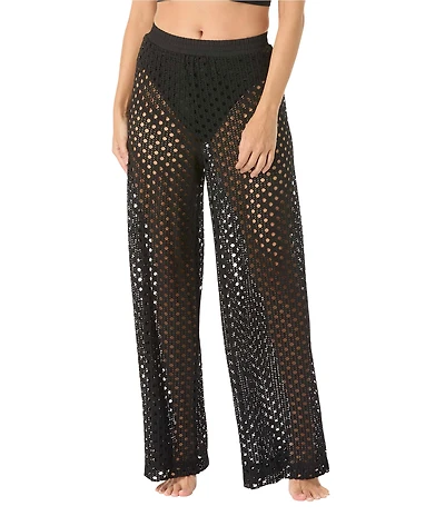 Carmen Marc Valvo Crochet High Waist Wide Leg Pull-On Pant Swim Cover-Up