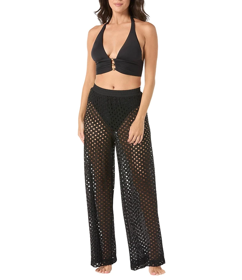 Carmen Marc Valvo Crochet High Waist Wide Leg Pull-On Pant Swim Cover-Up