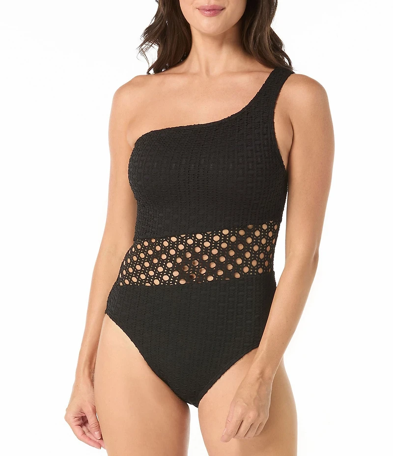 Carmen Marc Valvo Crochet One Shoulder One Piece Swimsuit