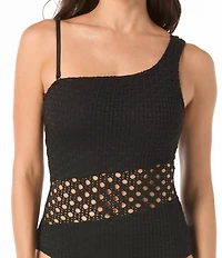 Carmen Marc Valvo Crochet One Shoulder One Piece Swimsuit