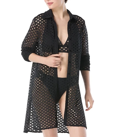 Carmen Marc Valvo Crochet Point Collar Long Sleeve Button Front Shirt Swim Cover-Up