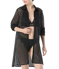 Carmen Marc Valvo Crochet Point Collar Long Sleeve Button Front Shirt Swim Cover-Up