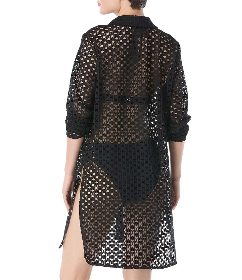 Carmen Marc Valvo Crochet Point Collar Long Sleeve Button Front Shirt Swim Cover-Up