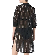 Carmen Marc Valvo Crochet Point Collar Long Sleeve Button Front Shirt Swim Cover-Up