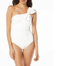 Carmen Marc Valvo Shirred Bow One Shoulder One Piece Swimsuit