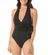 Carmen Marc Valvo Shirred Floral Accent Plunge V-Neck Halter One Piece Swimsuit