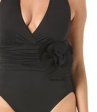 Carmen Marc Valvo Shirred Floral Accent Plunge V-Neck Halter One Piece Swimsuit