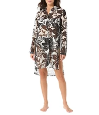 Carmen Marc Valvo Silent Bloom Collar Neck Long Sleeves Button Front Convertible Shirt Swim Cover-Up