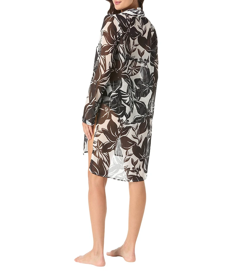 Carmen Marc Valvo Silent Bloom Collar Neck Long Sleeves Button Front Convertible Shirt Swim Cover-Up