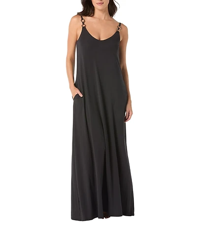 Carmen Marc Valvo Solid Scoop Neck Amorphic Ring A-Line Maxi Dress Swim Cover-Up