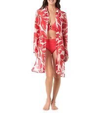 Carmen Marc Valvo Tamarindo Collar Neck Pearl Button Down Convertible Shirt Swim Cover-Up