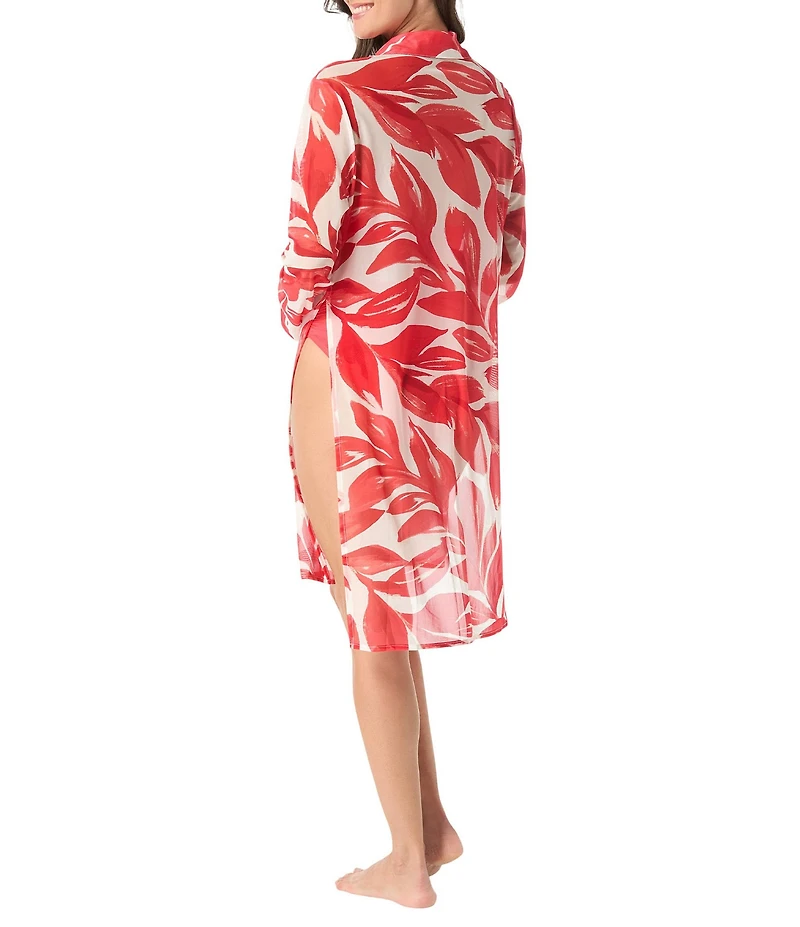 Carmen Marc Valvo Tamarindo Collar Neck Pearl Button Down Convertible Shirt Swim Cover-Up