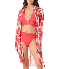 Carmen Marc Valvo Tamarindo Collar Neck Pearl Button Down Convertible Shirt Swim Cover-Up