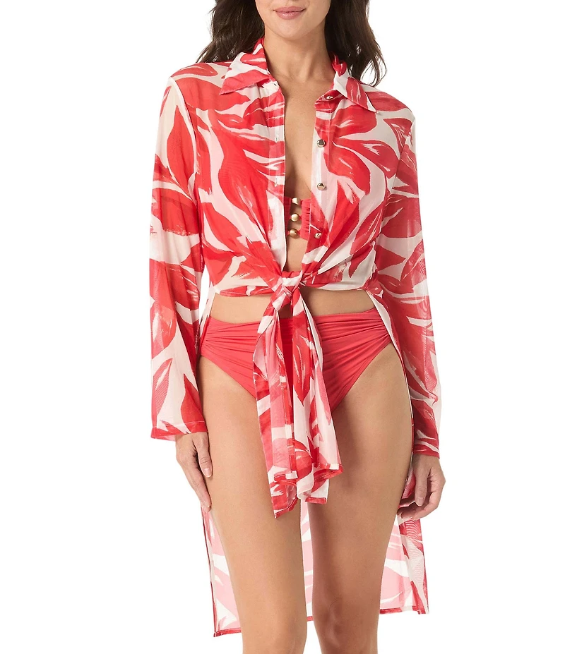 Carmen Marc Valvo Tamarindo Collar Neck Pearl Button Down Convertible Shirt Swim Cover-Up