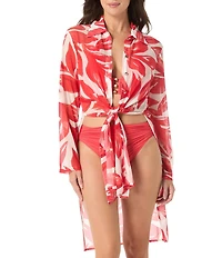 Carmen Marc Valvo Tamarindo Collar Neck Pearl Button Down Convertible Shirt Swim Cover-Up