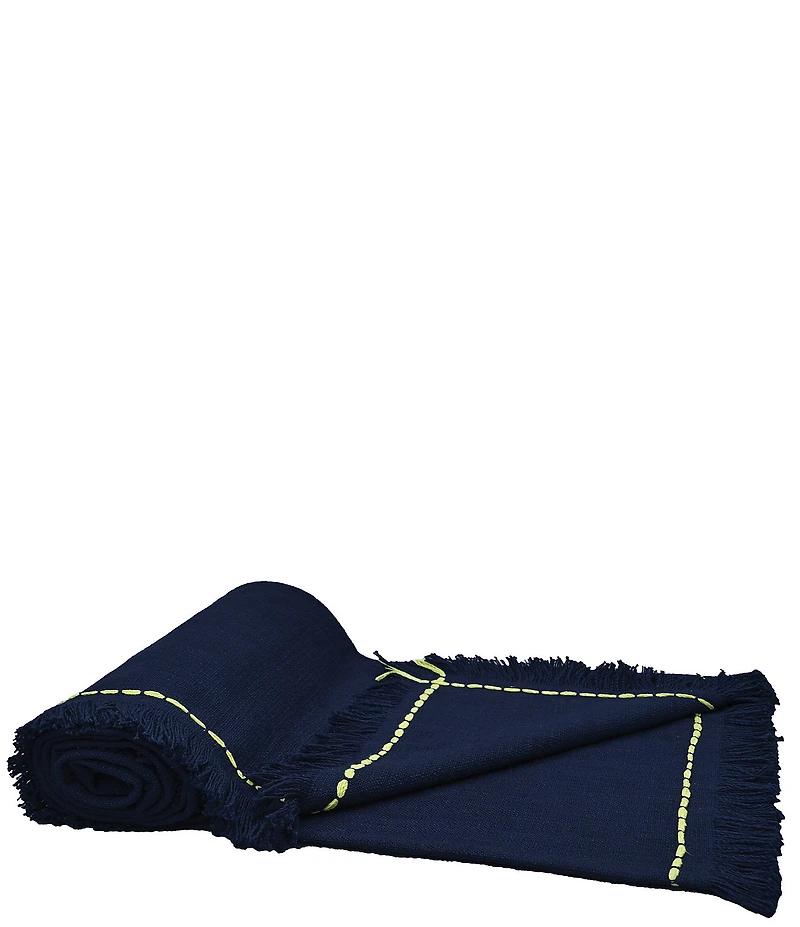 carol & frank Cheryl Dobby Weave Pick Stitch Border Indigo Throw Blanket