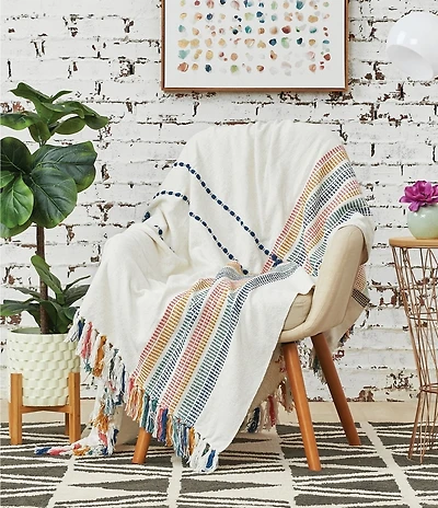 carol & frank Wille Yarn Stripe Ladder Woven Multicolor Tassel Throw Blanket