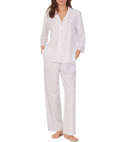 Carole Hochman 3/4 Sleeve Notch Collar Floral Jersey Long Pajama Set