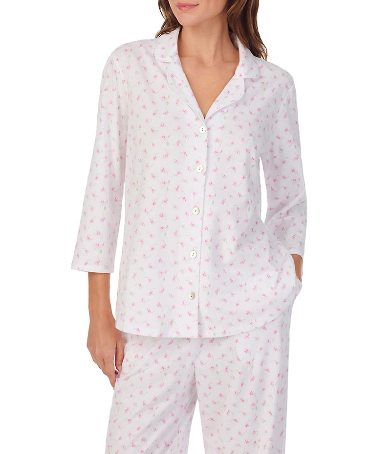 Carole Hochman 3/4 Sleeve Notch Collar Floral Jersey Long Pajama Set