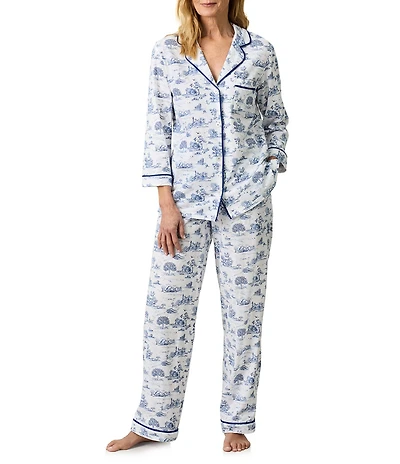 Carole Hochman 3/4 Sleeve Notch Collar Long Jersey Knit Countryside Toile Print Pajama Set