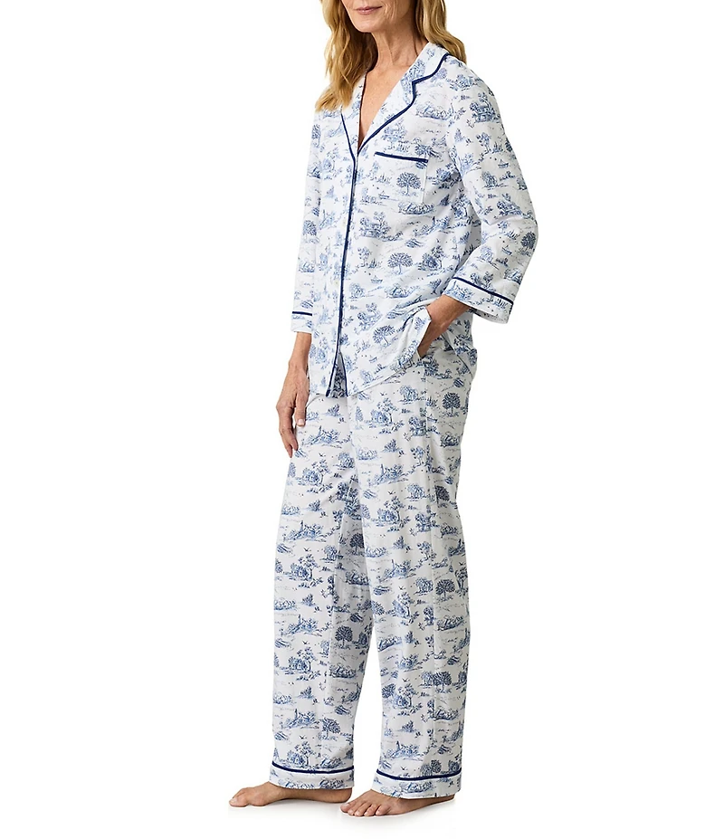 Carole Hochman 3/4 Sleeve Notch Collar Long Jersey Knit Countryside Toile Print Pajama Set