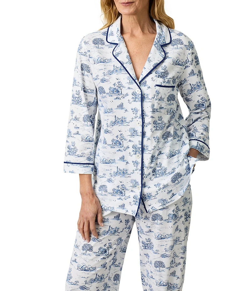 Carole Hochman 3/4 Sleeve Notch Collar Long Jersey Knit Countryside Toile Print Pajama Set