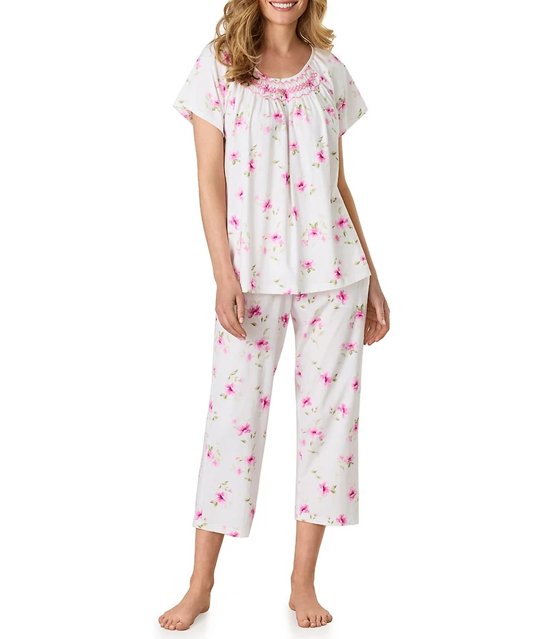 Carole Hochman Blush Garden Print Short Sleeve Round Neck Jersey Knit Capri Pajama Set