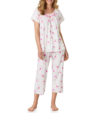 Carole Hochman Blush Garden Print Short Sleeve Round Neck Jersey Knit Capri Pajama Set