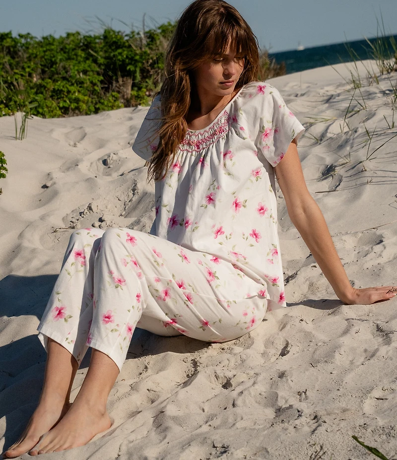 Carole Hochman Blush Garden Print Short Sleeve Round Neck Jersey Knit Capri Pajama Set