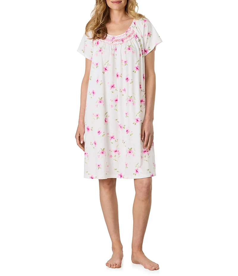 Carole Hochman Blush Garden Print Short Sleeve Round Neck Jersey Knit Cotton Nightgown