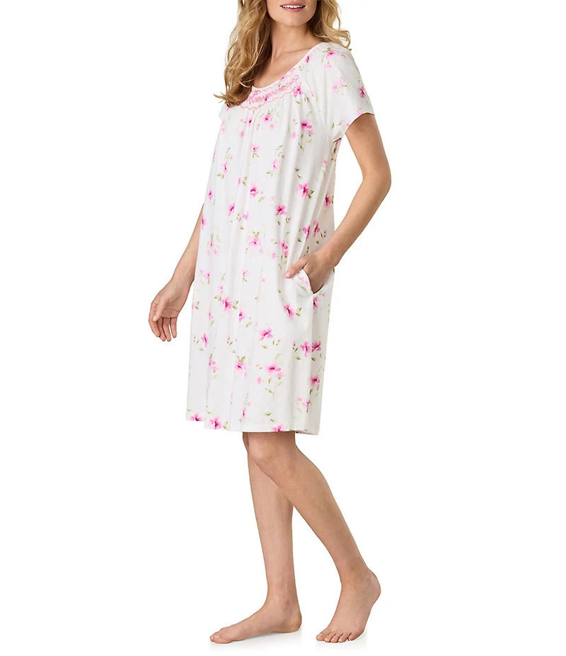 Carole Hochman Blush Garden Print Short Sleeve Round Neck Jersey Knit Cotton Nightgown