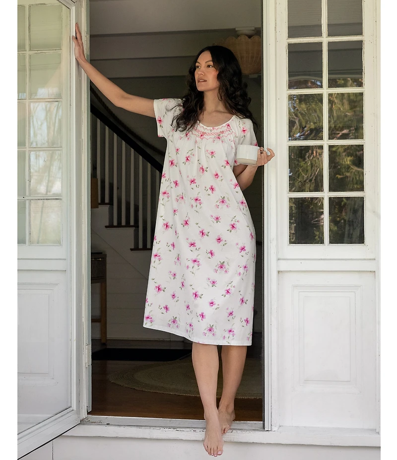 Carole Hochman Blush Garden Print Short Sleeve Round Neck Jersey Knit Cotton Nightgown