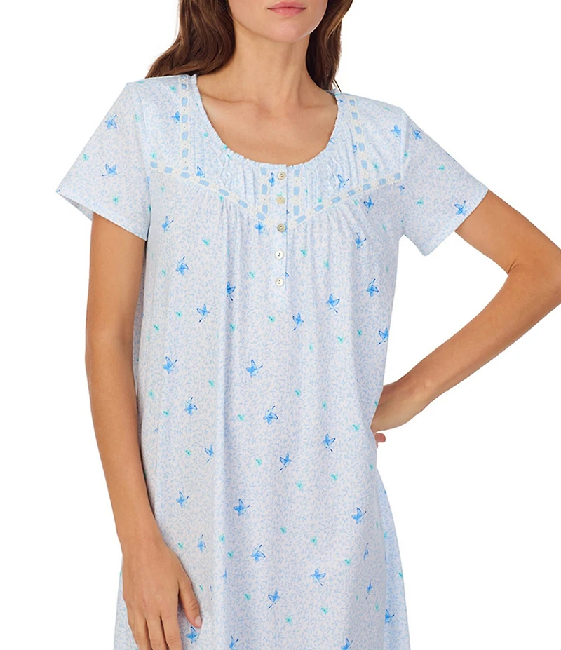 Carole Hochman Ditsy Butterfly Print Short Sleeve Round Jersey Knit Waltz Gown