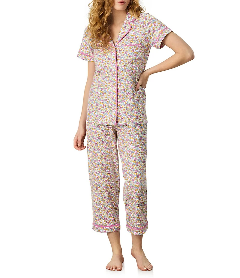 Carole Hochman Ditsy Floral Print Short Sleeve Notch Collar Jersey Knit Capri Pajama Set