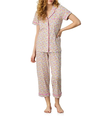 Carole Hochman Ditsy Floral Print Short Sleeve Notch Collar Jersey Knit Capri Pajama Set