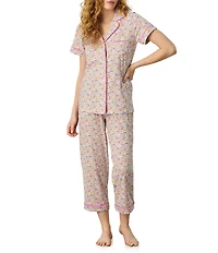Carole Hochman Ditsy Floral Print Short Sleeve Notch Collar Jersey Knit Capri Pajama Set