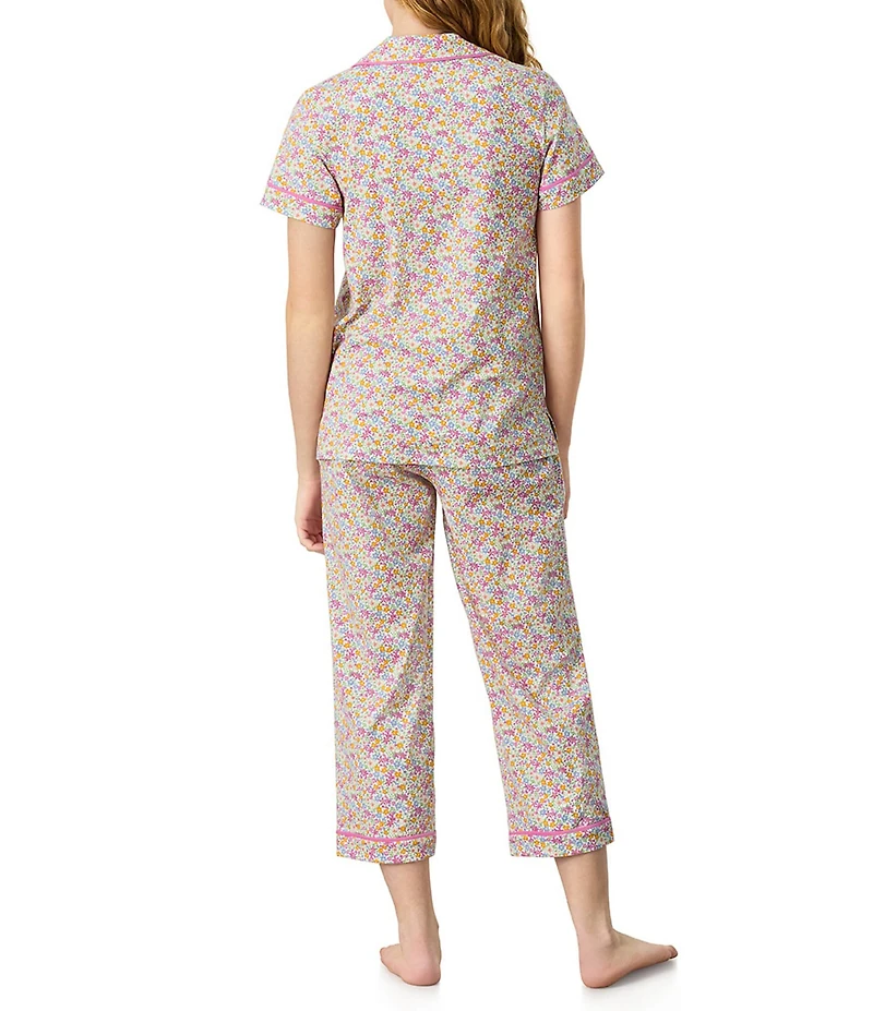 Carole Hochman Ditsy Floral Print Short Sleeve Notch Collar Jersey Knit Capri Pajama Set