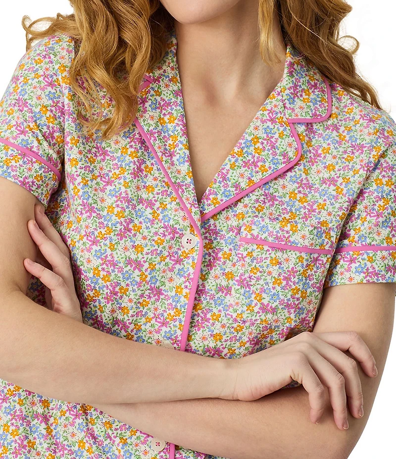 Carole Hochman Ditsy Floral Print Short Sleeve Notch Collar Jersey Knit Capri Pajama Set