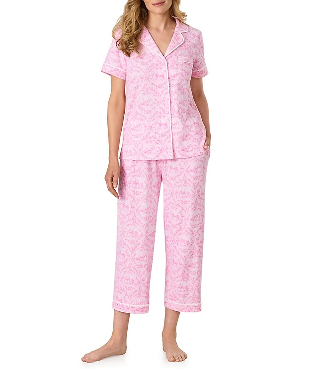 Carole Hochman Ditsy Floral Print Short Sleeve Notch Collar Jersey Knit Capri Pajama Set