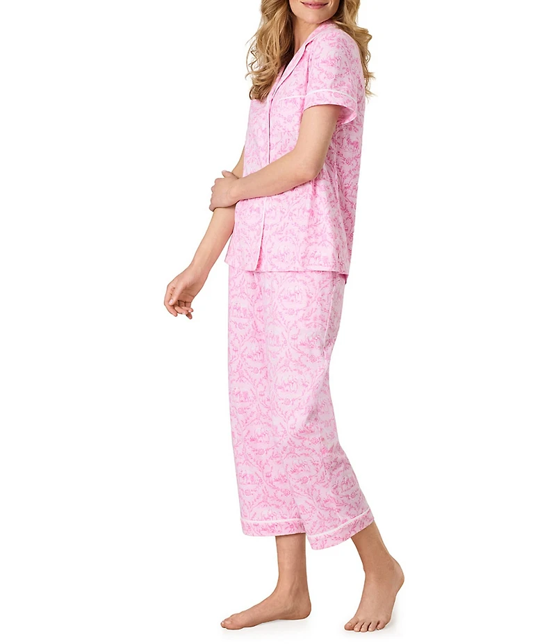 Carole Hochman Ditsy Floral Print Short Sleeve Notch Collar Jersey Knit Capri Pajama Set