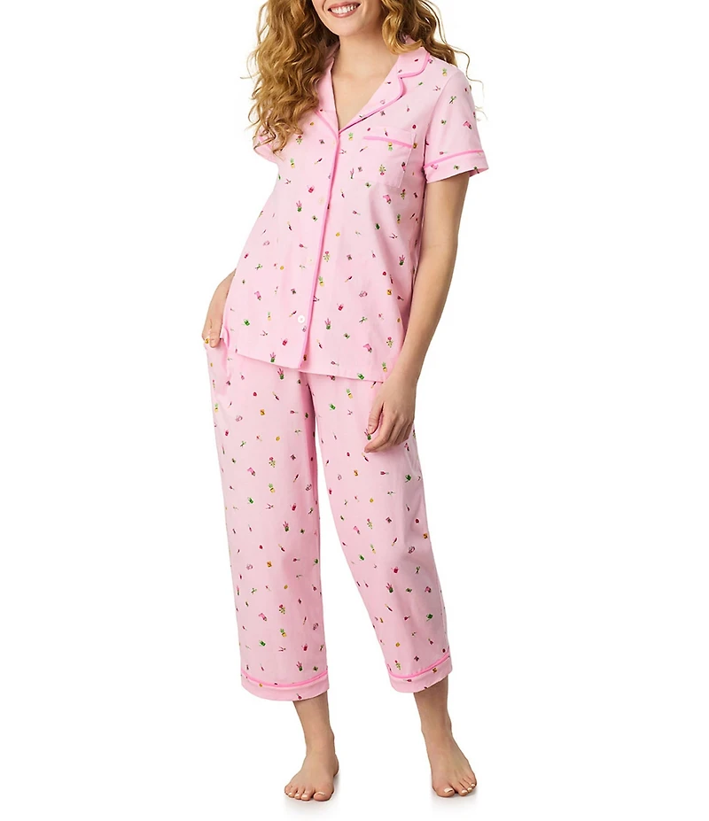 Carole Hochman Ditsy Floral Print Short Sleeve Notch Collar Jersey Knit Capri Pajama Set
