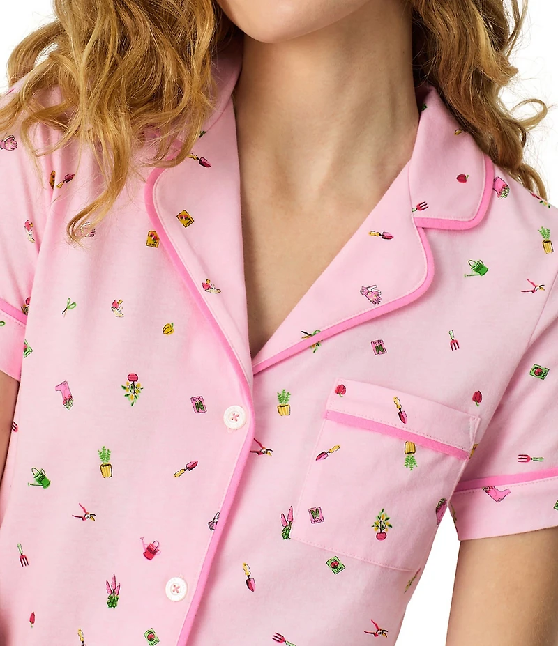 Carole Hochman Ditsy Floral Print Short Sleeve Notch Collar Jersey Knit Capri Pajama Set