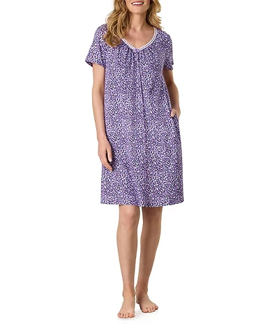 Carole Hochman Ditsy Floral Print Short Sleeve V-Neck Knit Interlock Cotton Nightgown