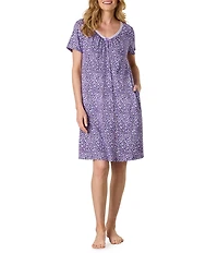 Carole Hochman Ditsy Floral Print Short Sleeve V-Neck Knit Interlock Cotton Nightgown