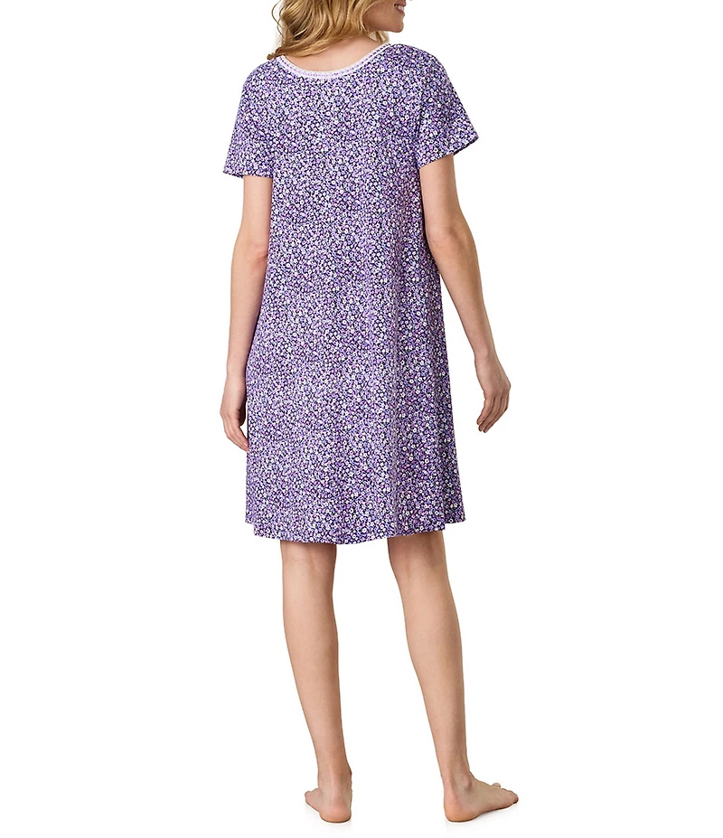 Carole Hochman Ditsy Floral Print Short Sleeve V-Neck Knit Interlock Cotton Nightgown