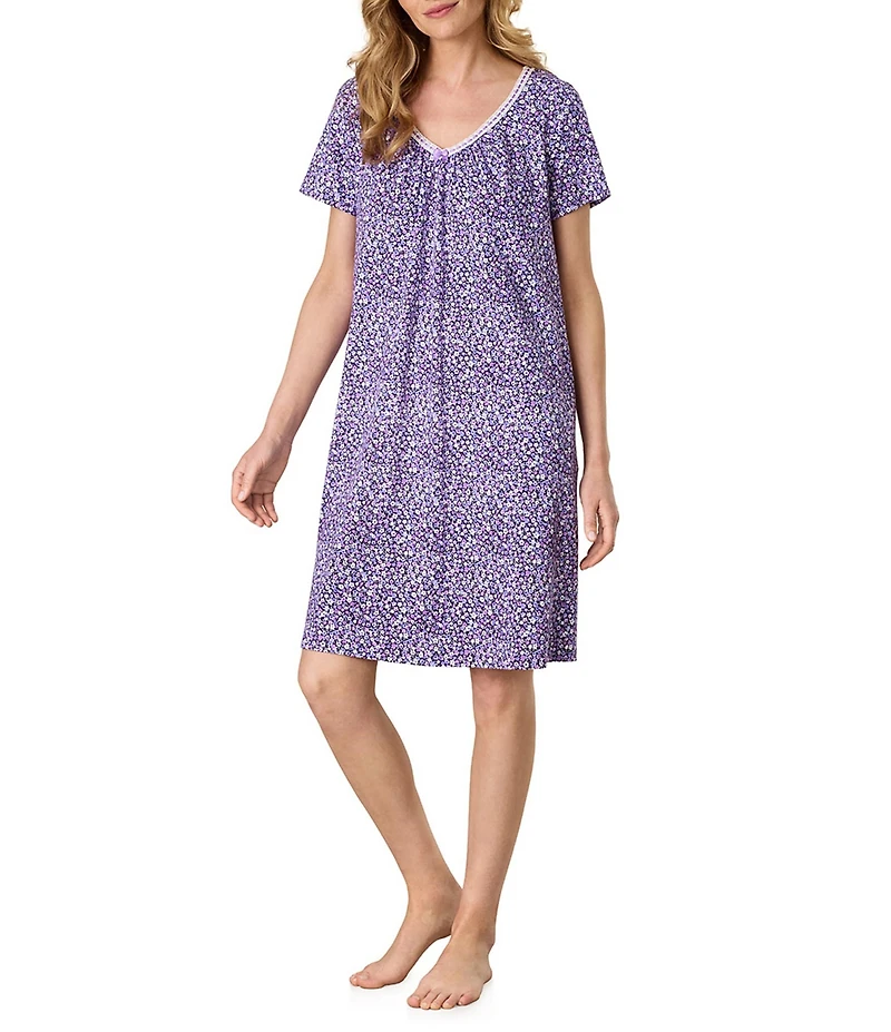 Carole Hochman Ditsy Floral Print Short Sleeve V-Neck Knit Interlock Cotton Nightgown