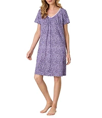Carole Hochman Ditsy Floral Print Short Sleeve V-Neck Knit Interlock Cotton Nightgown