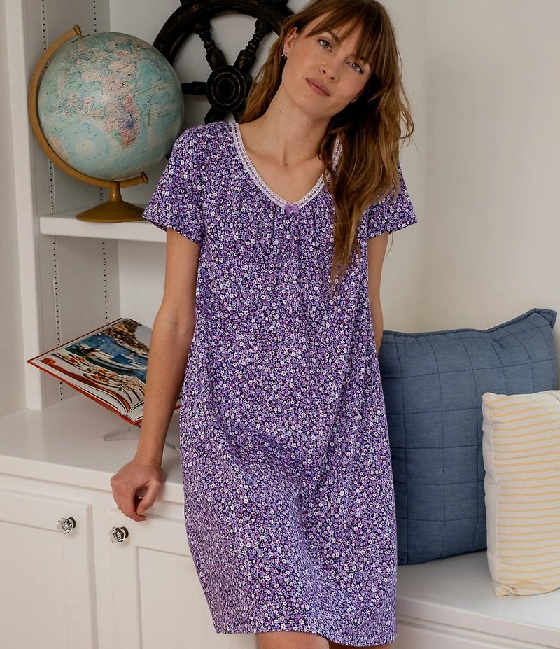 Carole Hochman Ditsy Floral Print Short Sleeve V-Neck Knit Interlock Cotton Nightgown