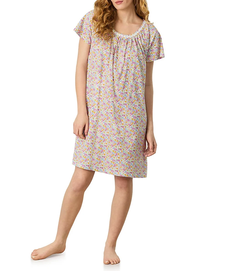 Carole Hochman Ditsy Print Short Sleeve Round Neck Jersey Knit Short Nightgown