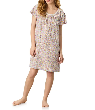Carole Hochman Ditsy Print Short Sleeve Round Neck Jersey Knit Short Nightgown